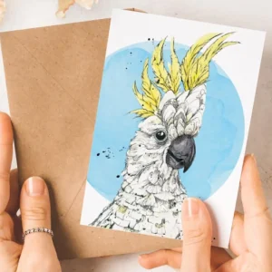 Australian Geographic Accessories | Greeting Cards-Brad - Sulphur-crested Cockatoo Greeting Card by Shannon Dwyer