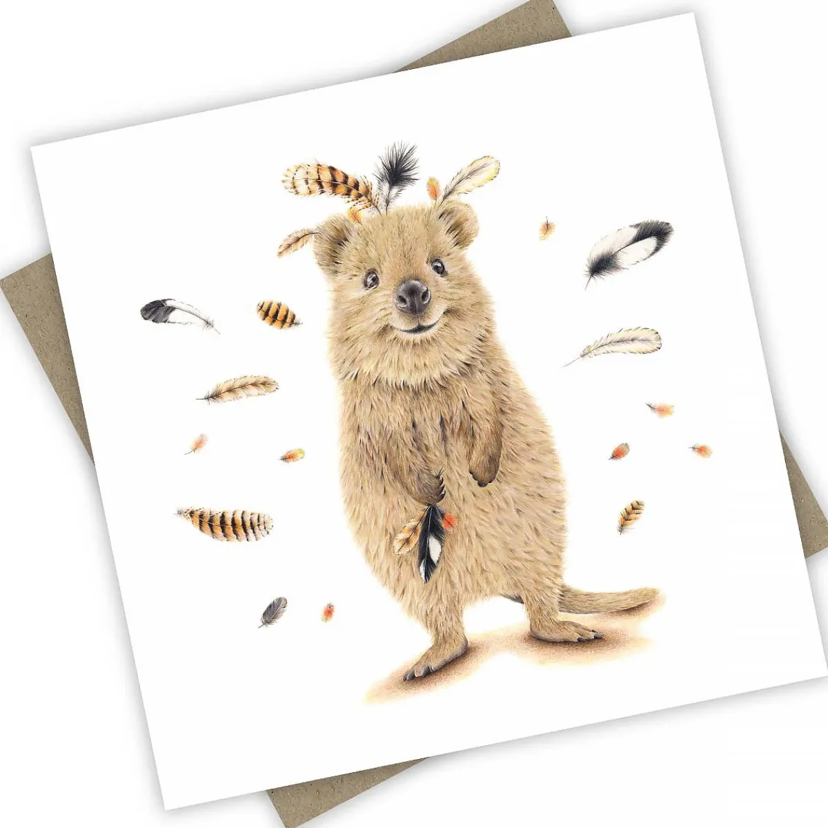 Australian Geographic Accessories | Greeting Cards-Quokka Catching Feathers Greeting Card from PopcornBlue
